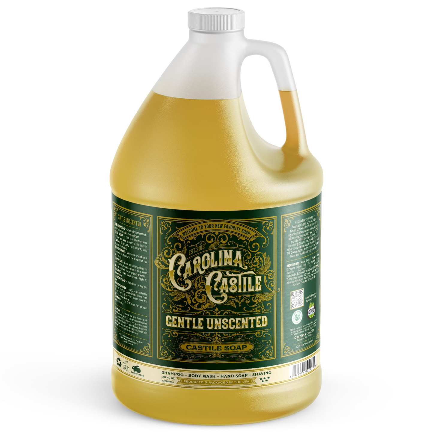 Gentle unscented Carolina Castile Soap in a 1-gallon container, showcasing a clear liquid soap with a simple label.