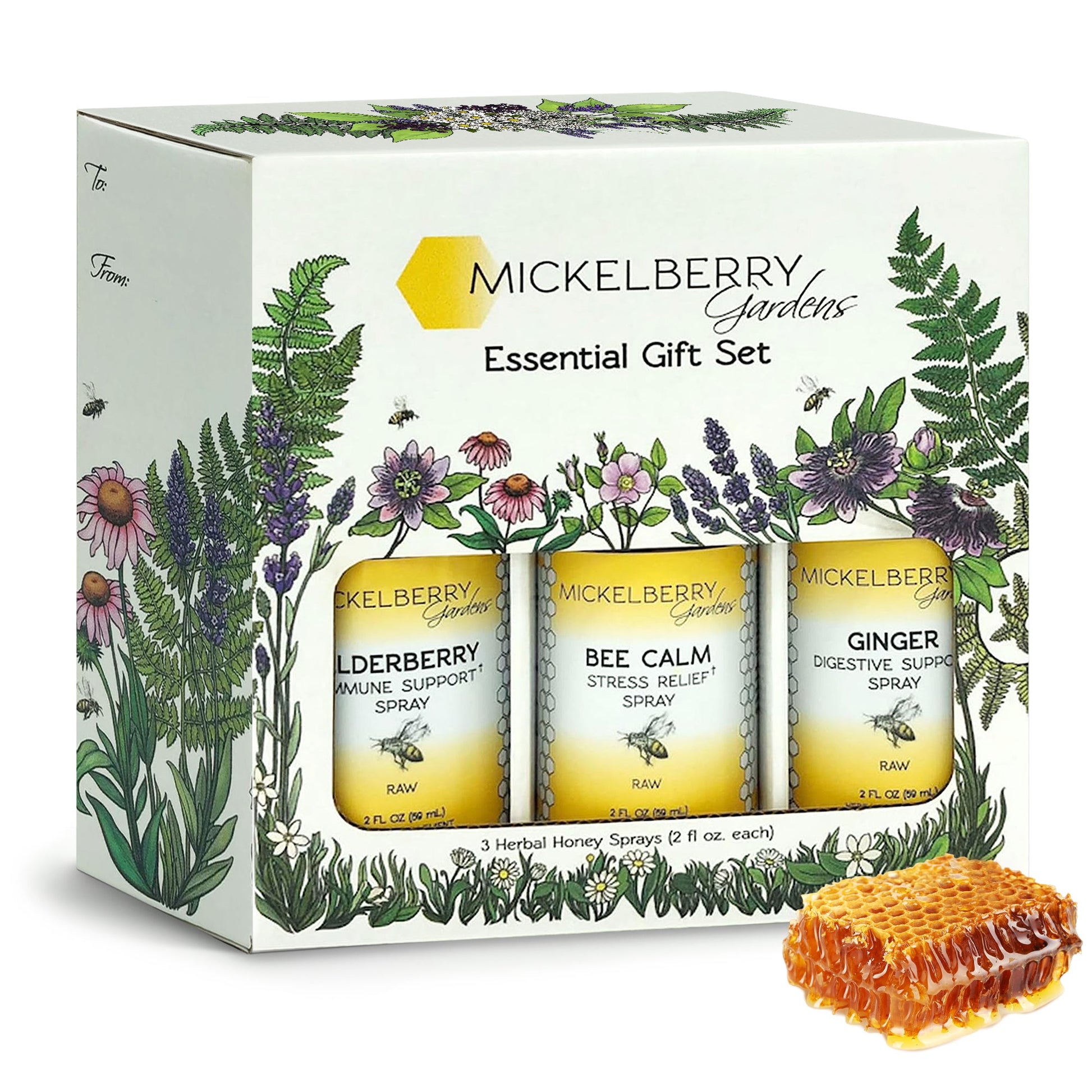 Mickelberry Gardens honey tonic gift set featuring bottles of honey tonic and complementary products arranged for display.