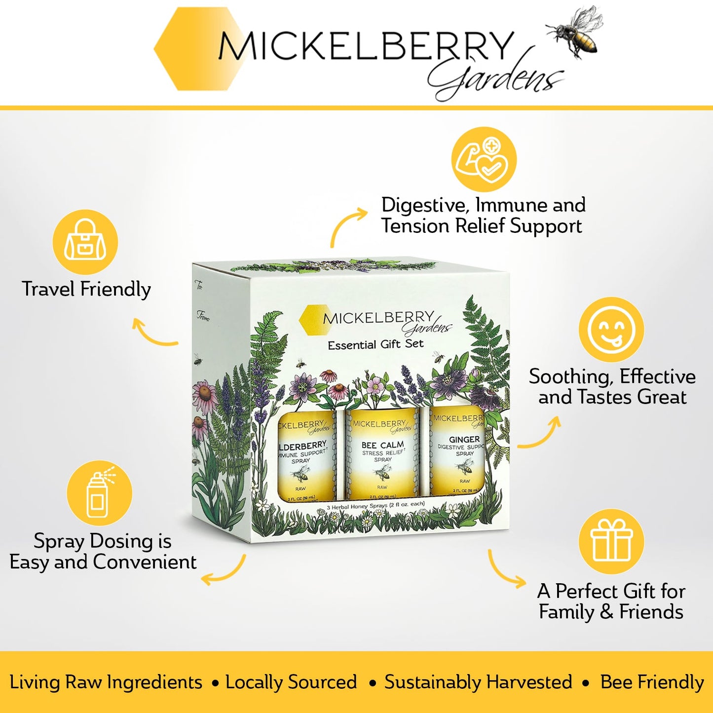 Mickelberry Gardens Honey Tonic Essential Gift Set with jars of honey and herbal infusions arranged in a decorative box.