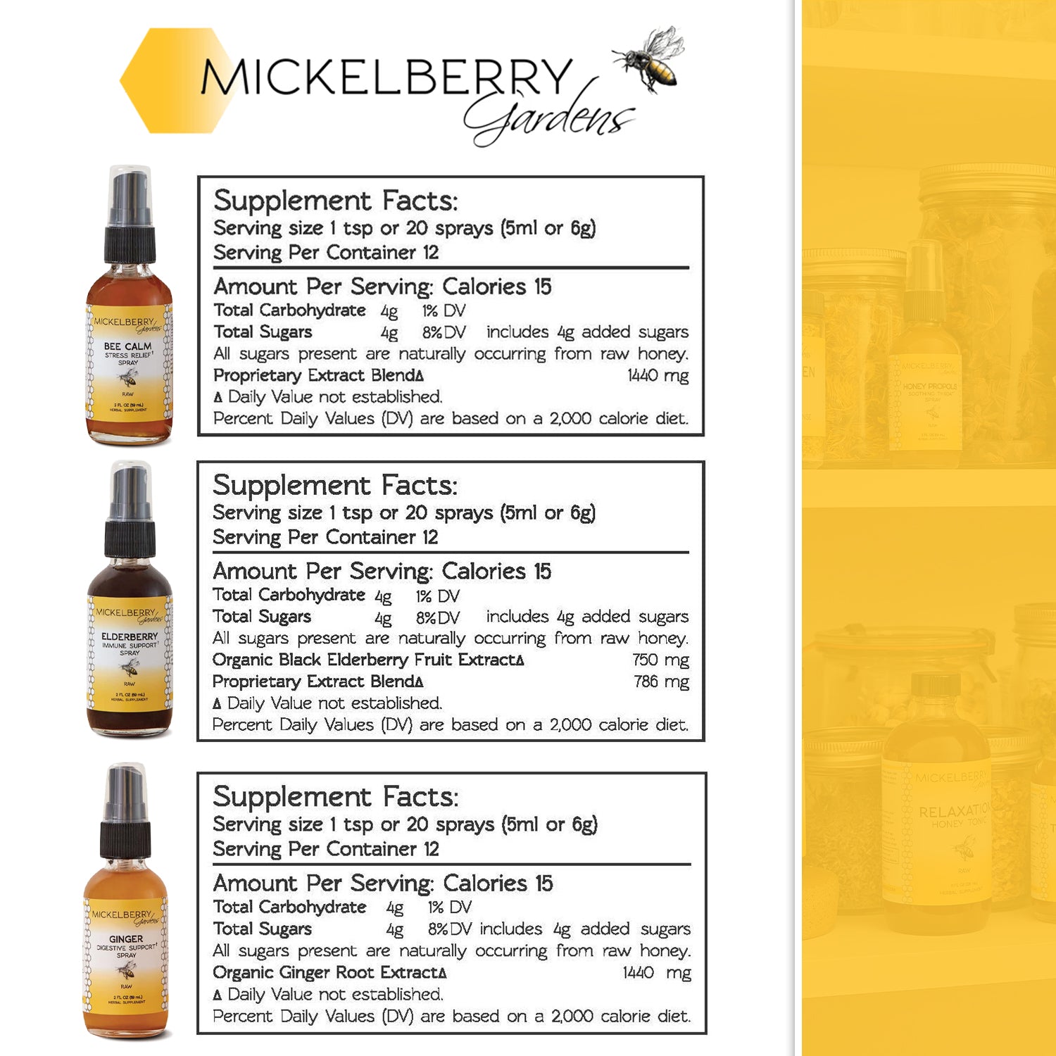Mickelberry Gardens Honey Tonic Essential Gift Set with jars of honey and herbal infusions, arranged in a decorative box.