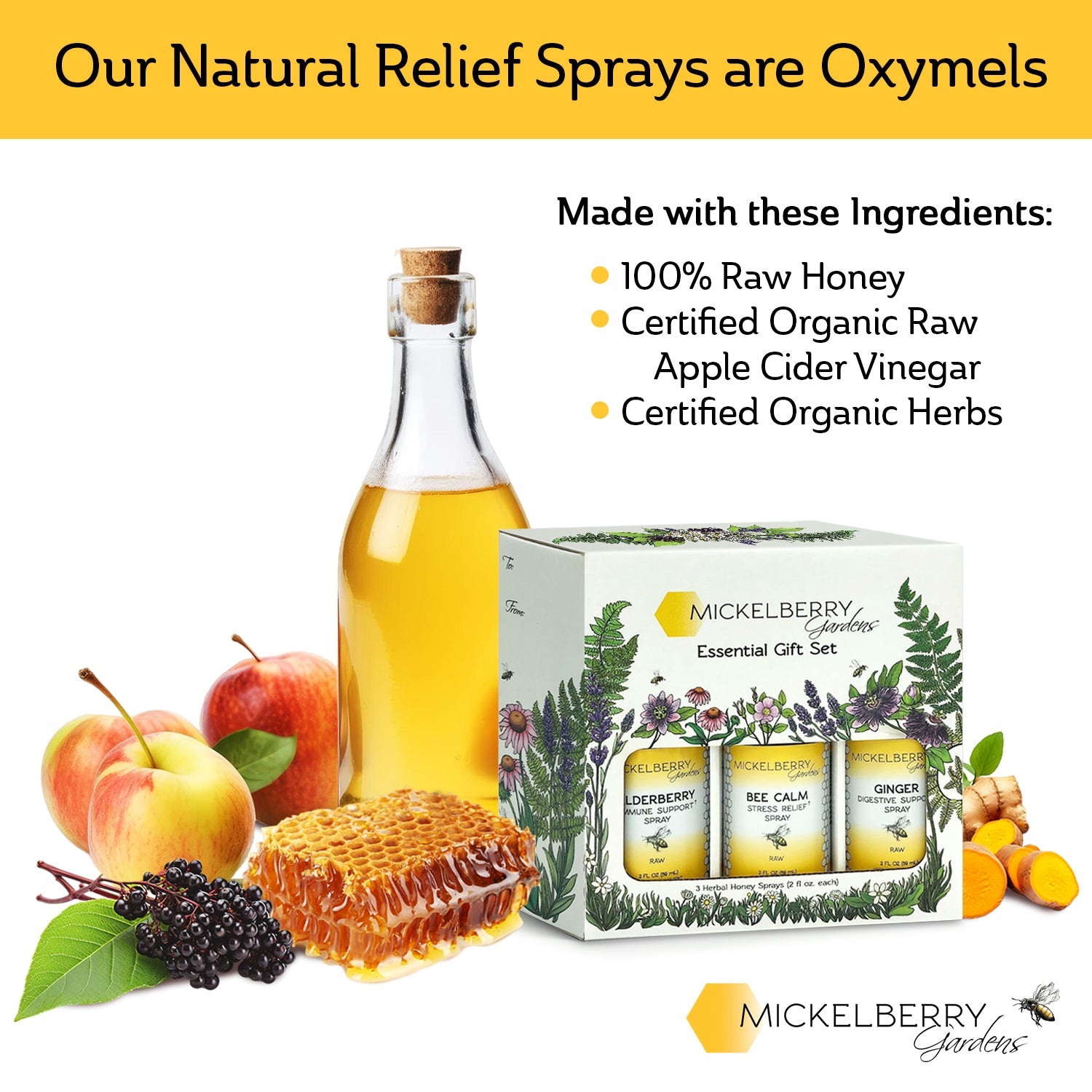Mickelberry Gardens honey tonic essential gift set with jars of honey and natural health products in a decorative box
