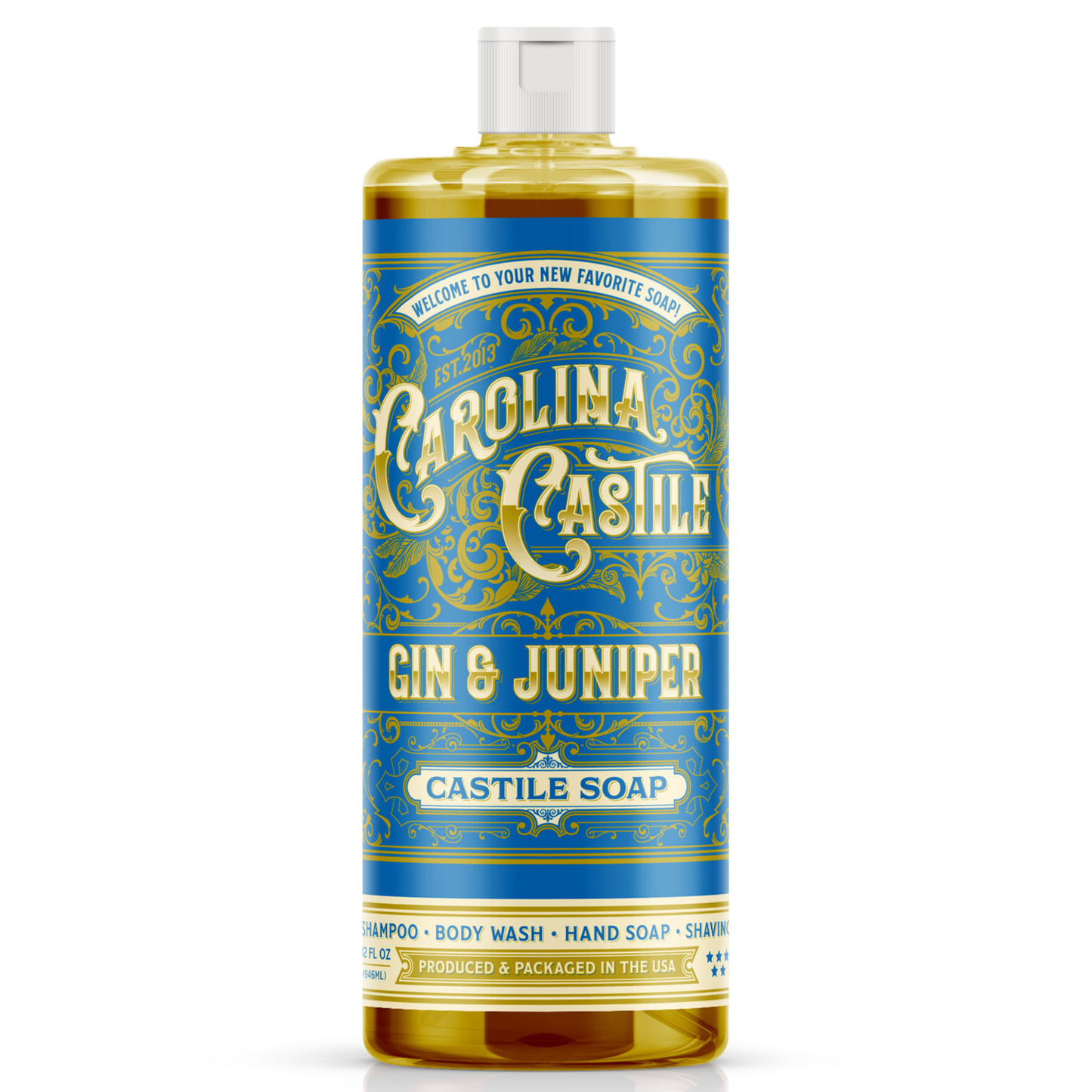 32 oz bottle of Carolina Castile Soap with gin and juniper scent, showcasing the natural liquid soap with botanical ingredients.