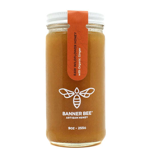 Jar of ginger-enriched raw honey by BannerBee Company LLC, showing golden honey infused with fresh ginger slices.