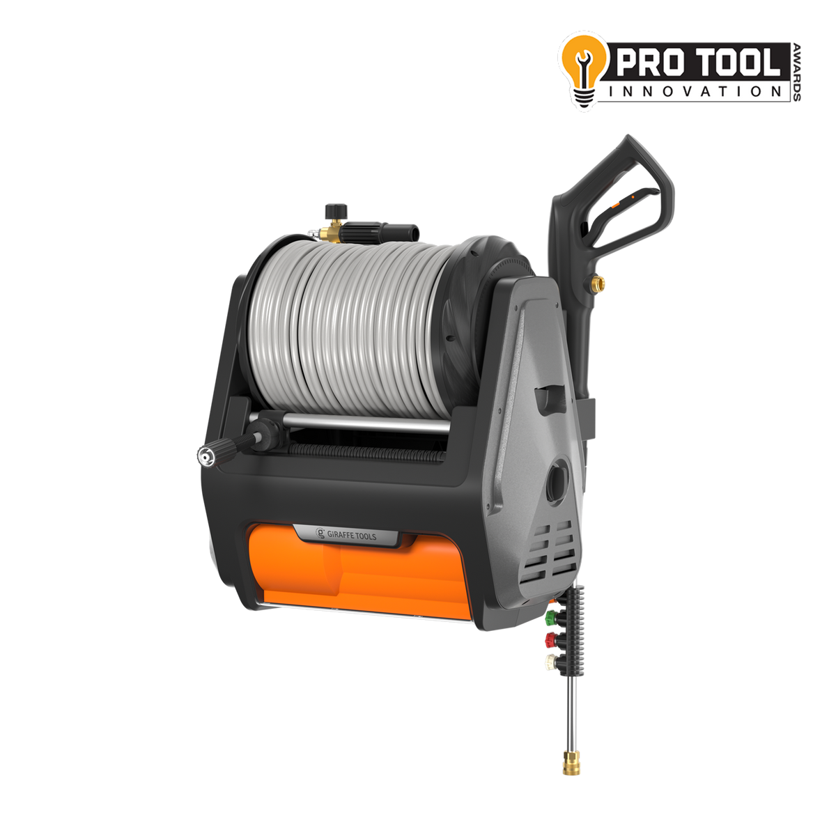 Giraffe Tools US Grandfalls Retractable Pressure Washer Pro with hose reel, spray gun, and high-pressure nozzle in a storage position.