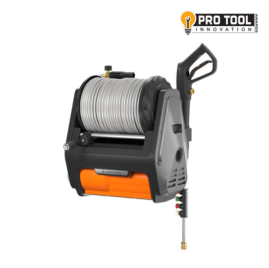 Giraffe Tools US Grandfalls Retractable Pressure Washer Pro with hose reel, spray gun, and high-pressure nozzle in a storage position.