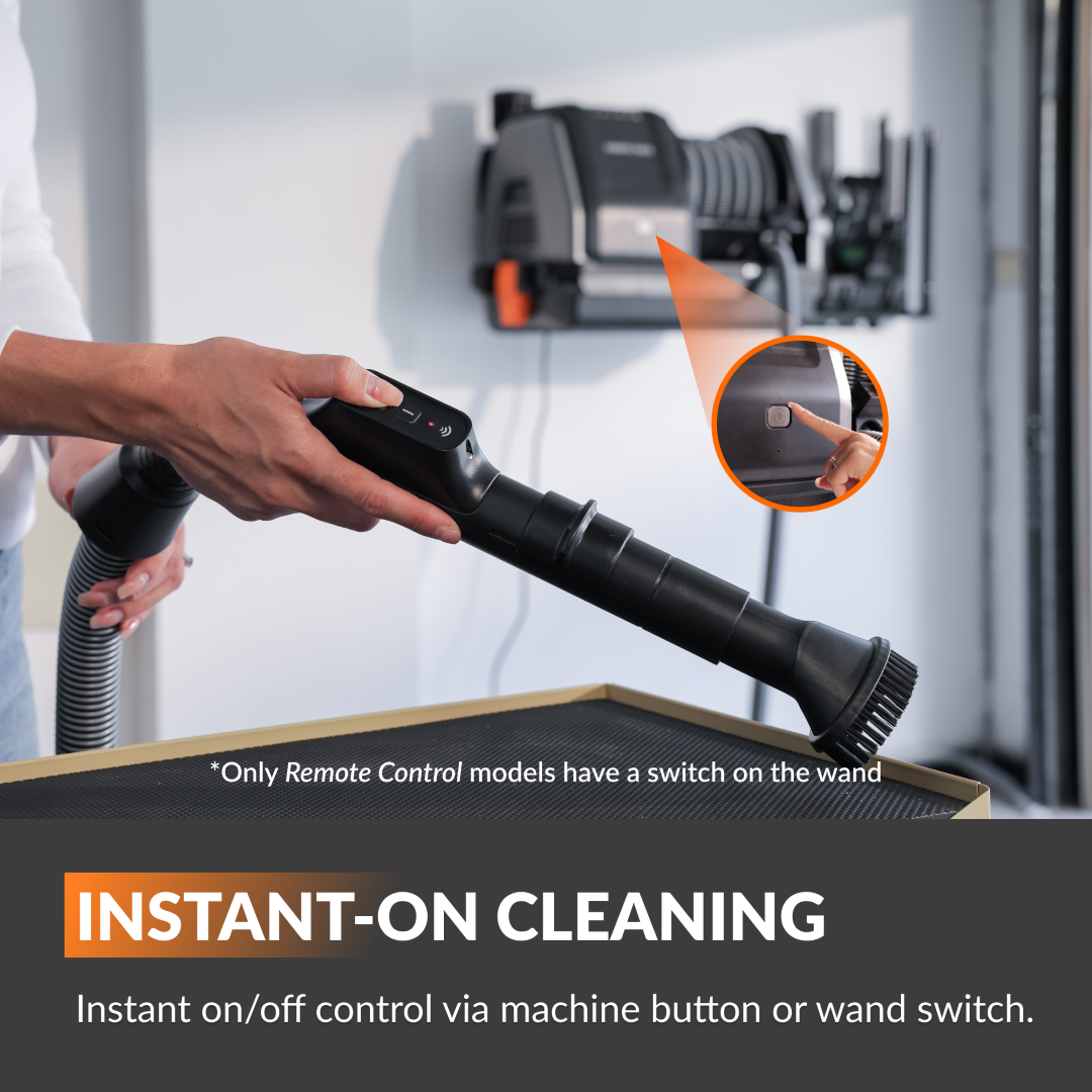 Giraffe Tools US Grandstorm Retractable Garage Vacuum with hose retracted and wall mount in a garage setting