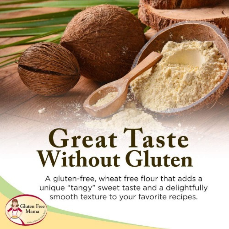 Gluten-free coconut flour in a 2 lb bag from Gluten Free Mama, shown in a kitchen setting with flour scoop and baking ingredients.