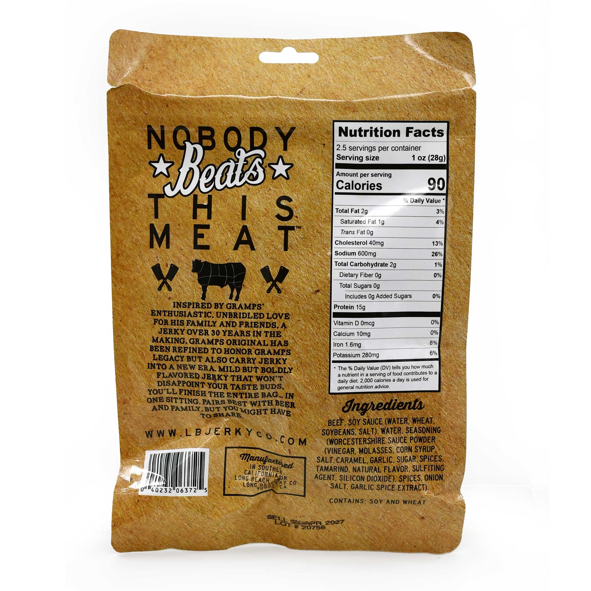 Gramps Original Flavor Beef Jerky 2.5 oz package with slices of seasoned beef jerky on a wooden surface