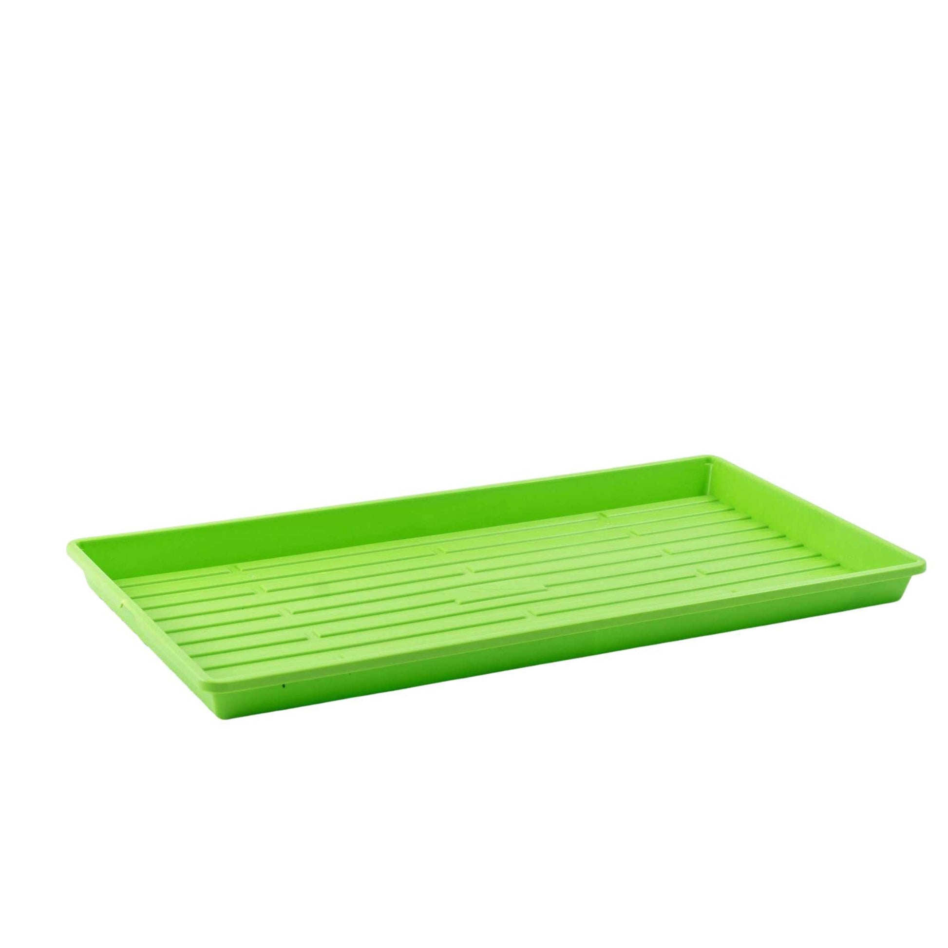 Green Bootstrap Farmer 1020 microgreen tray with shallow, extra strength design and vibrant colored edges, no drainage holes.