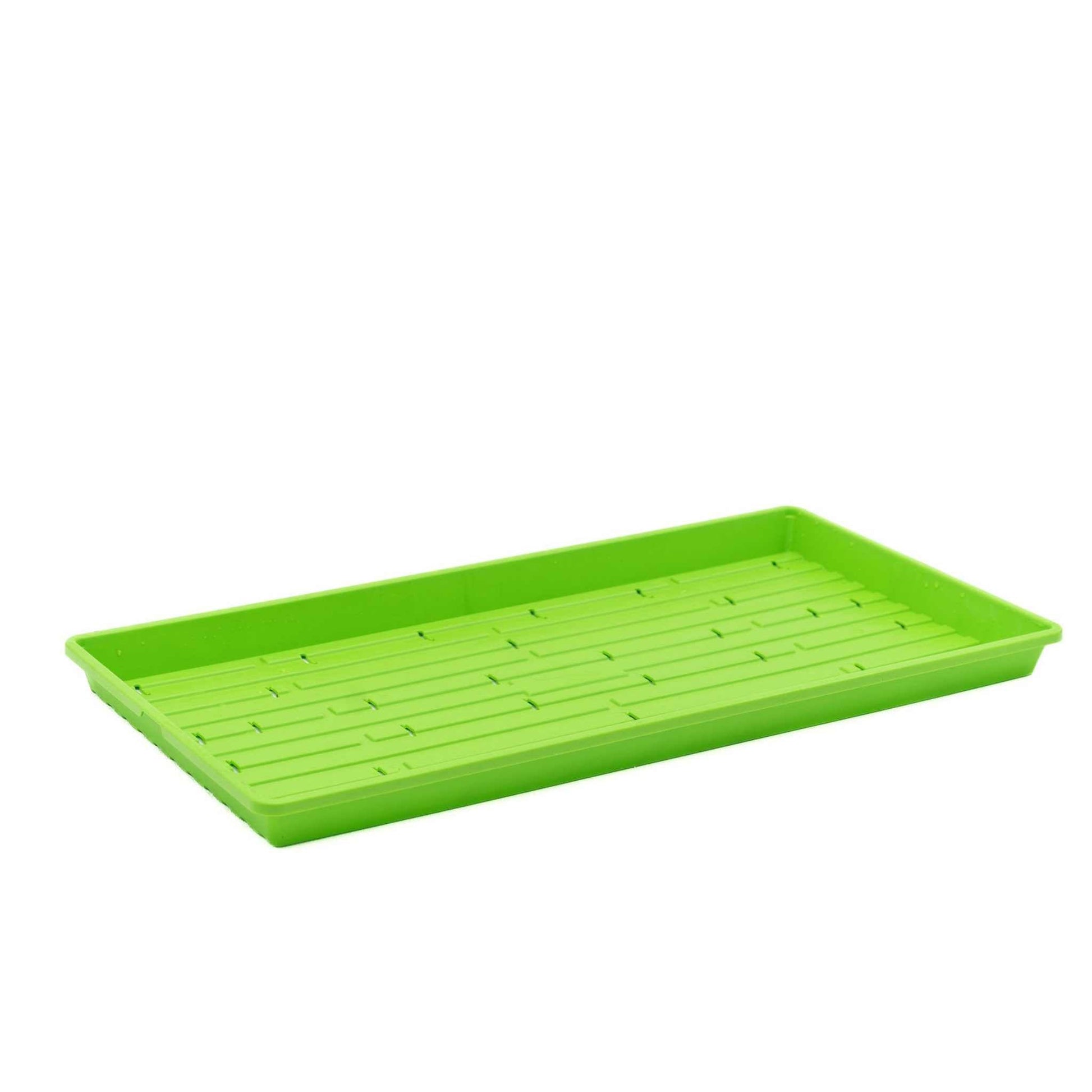 Green Bootstrap Farmer 1020 microgreen tray with holes, shallow extra strength design, used for growing microgreens.