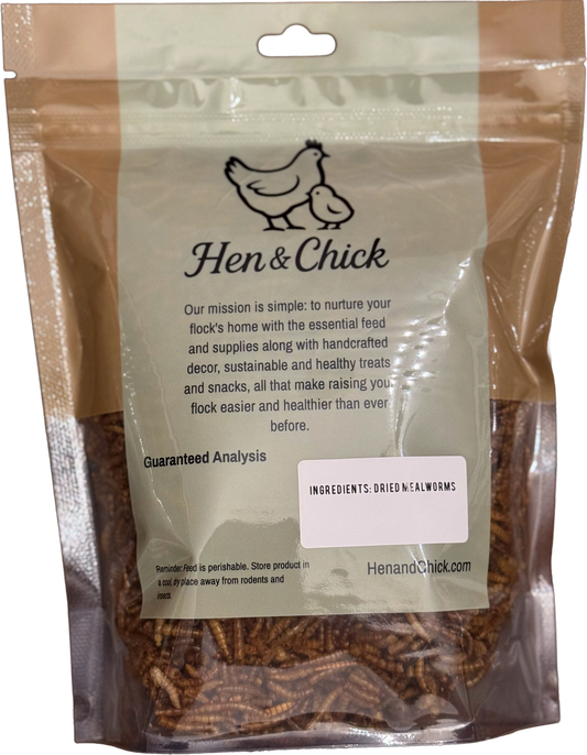 Back view of Hen & Chick Just Mealworms treat package for birds, showing product branding and packaging details.
