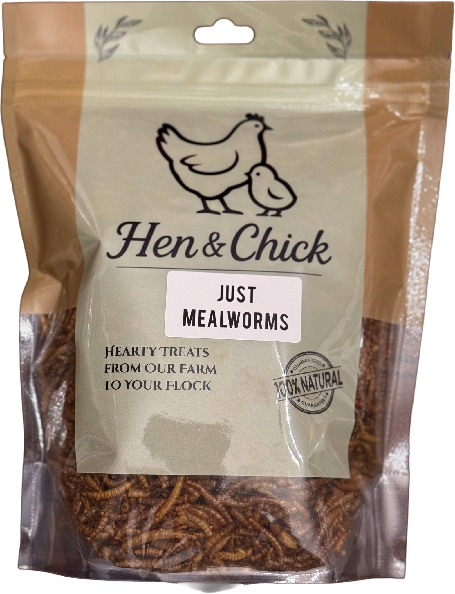 Hen & Chick Just Mealworms treat in a clear container, perfect for feeding pet birds or poultry.