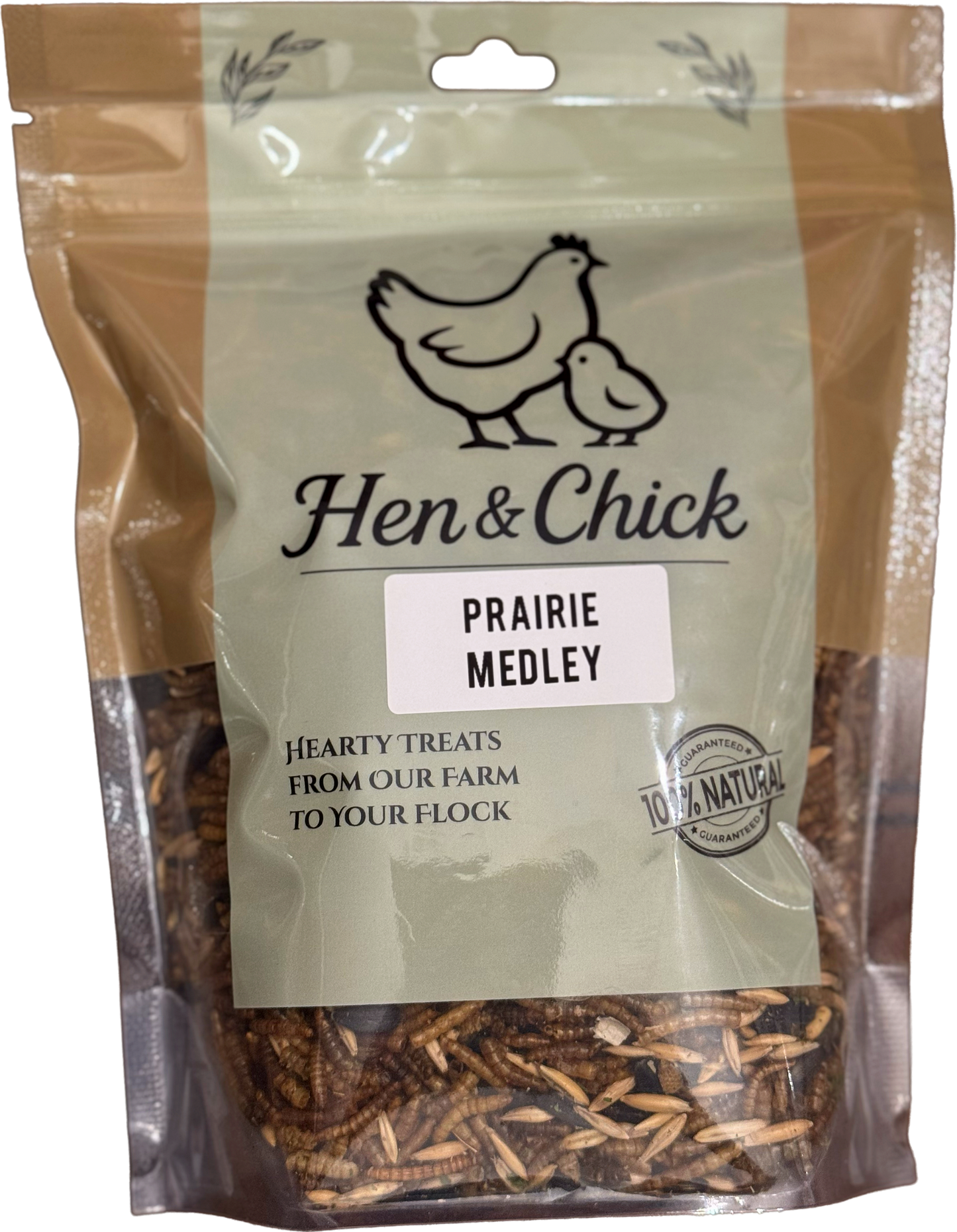 Hen & Chick Prairie Medley treat in a colorful package with natural ingredients and vibrant design.