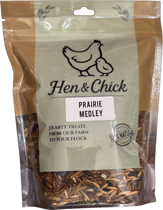 Hen & Chick Prairie Medley treat with a colorful mix of ingredients, presented in a clear package showing the product front.