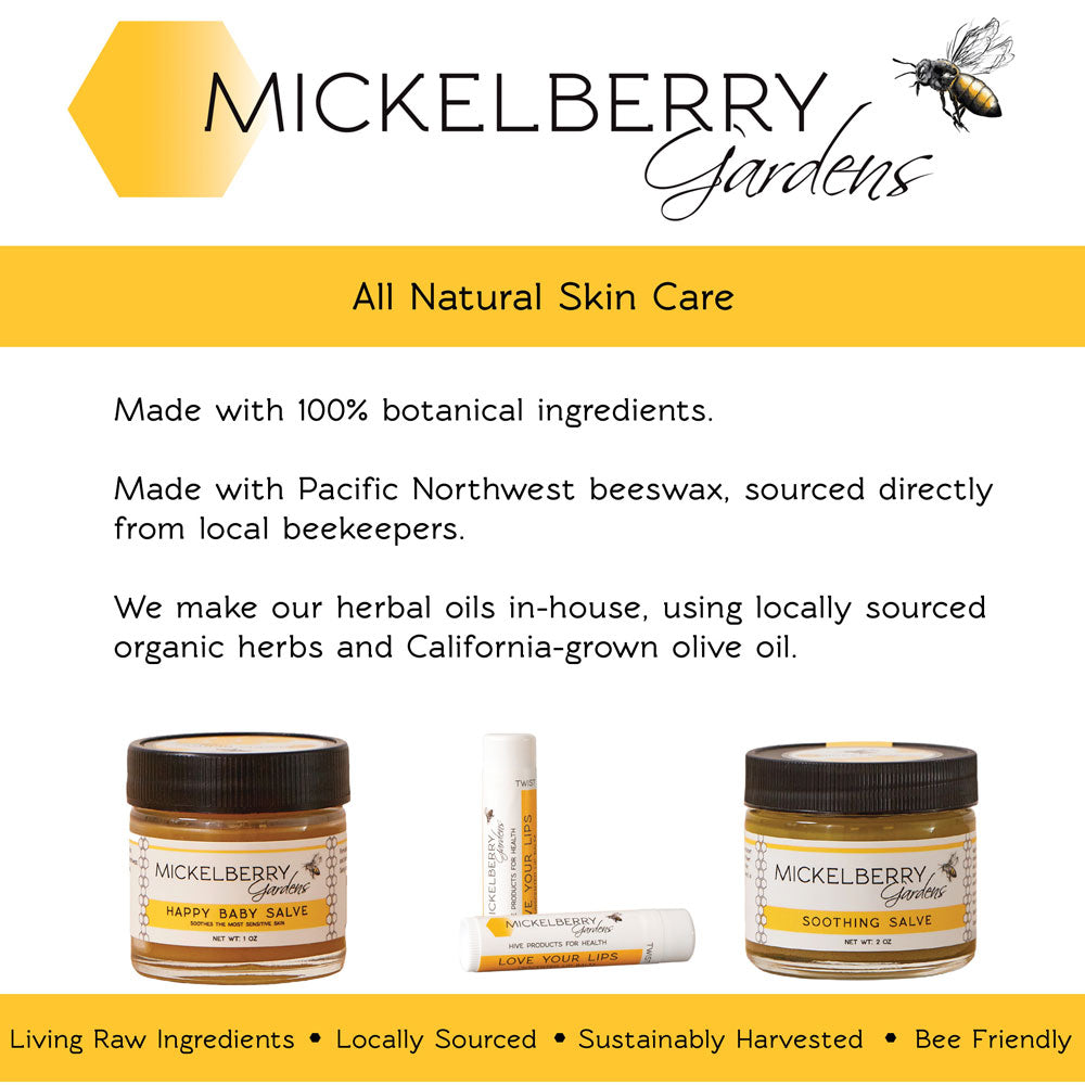 Herbal Happy Baby Salve by Mickelberry Gardens in a jar, natural skin care product for gentle skin soothing and healing.