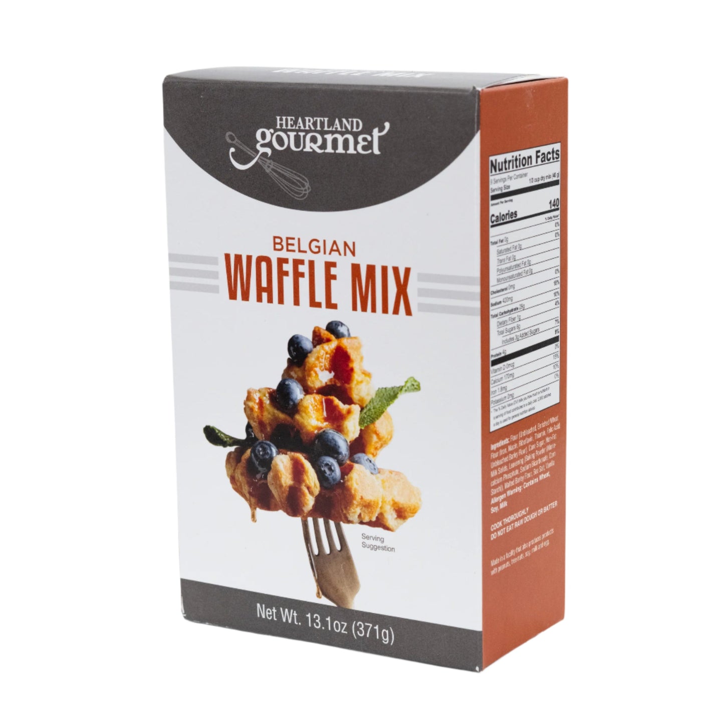 Belgian waffle mix in 13.1 oz package from Heartland Gourmet, featuring golden, fluffy waffles prepared with this premium food mix.