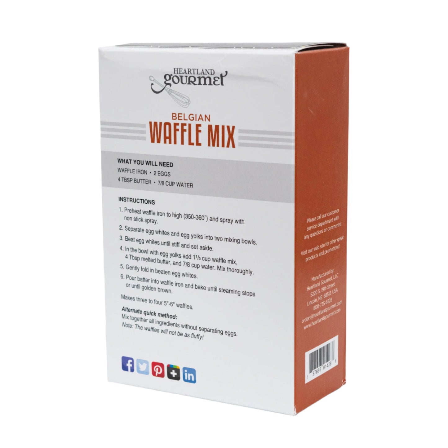 Belgian waffle mix in a 13.1 oz package from Heartland Gourmet, featuring golden waffle batter ready to cook.