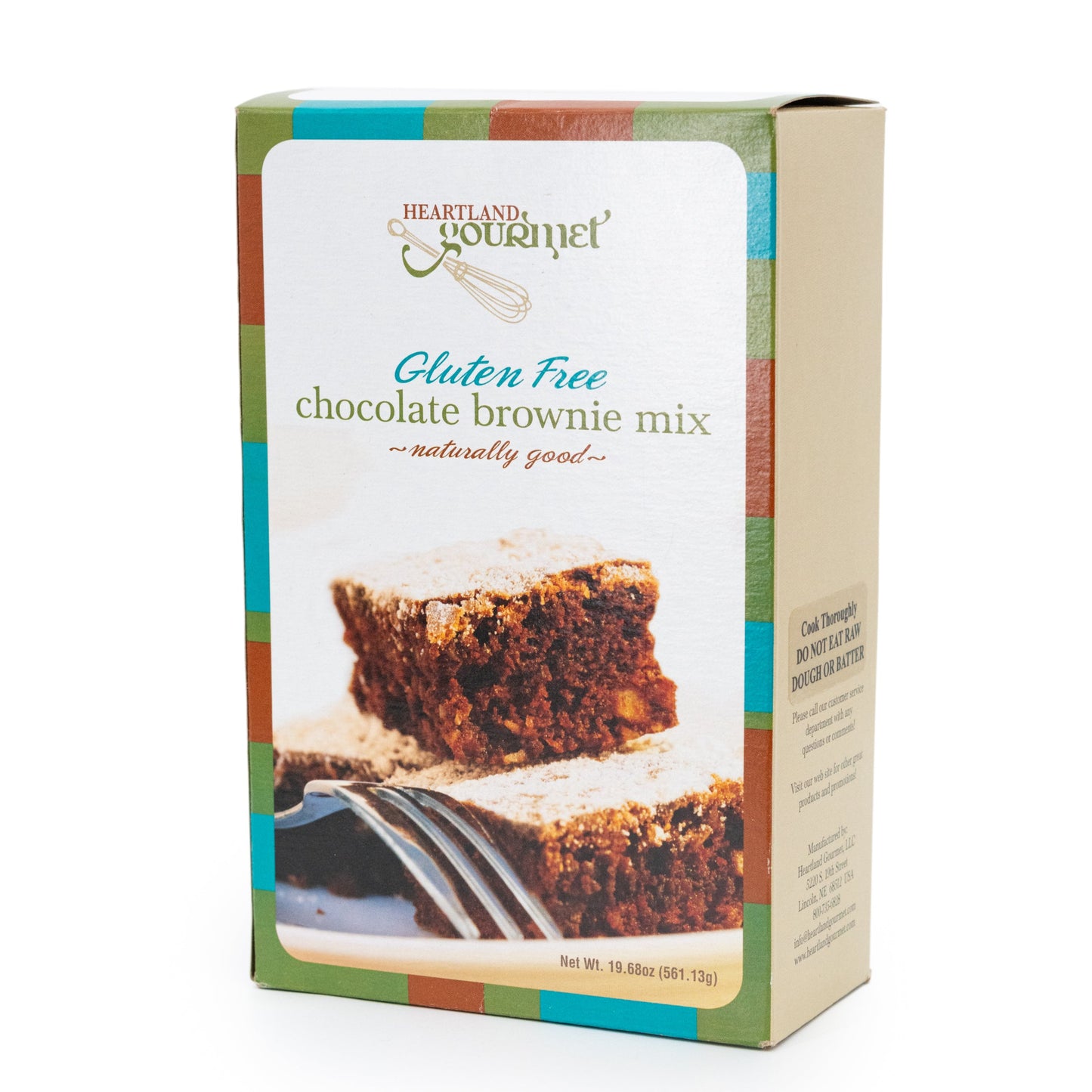 Gluten-free chocolate brownie mix by Heartland Gourmet in a 19.68 oz package, perfect for baking delicious gluten-free desserts.