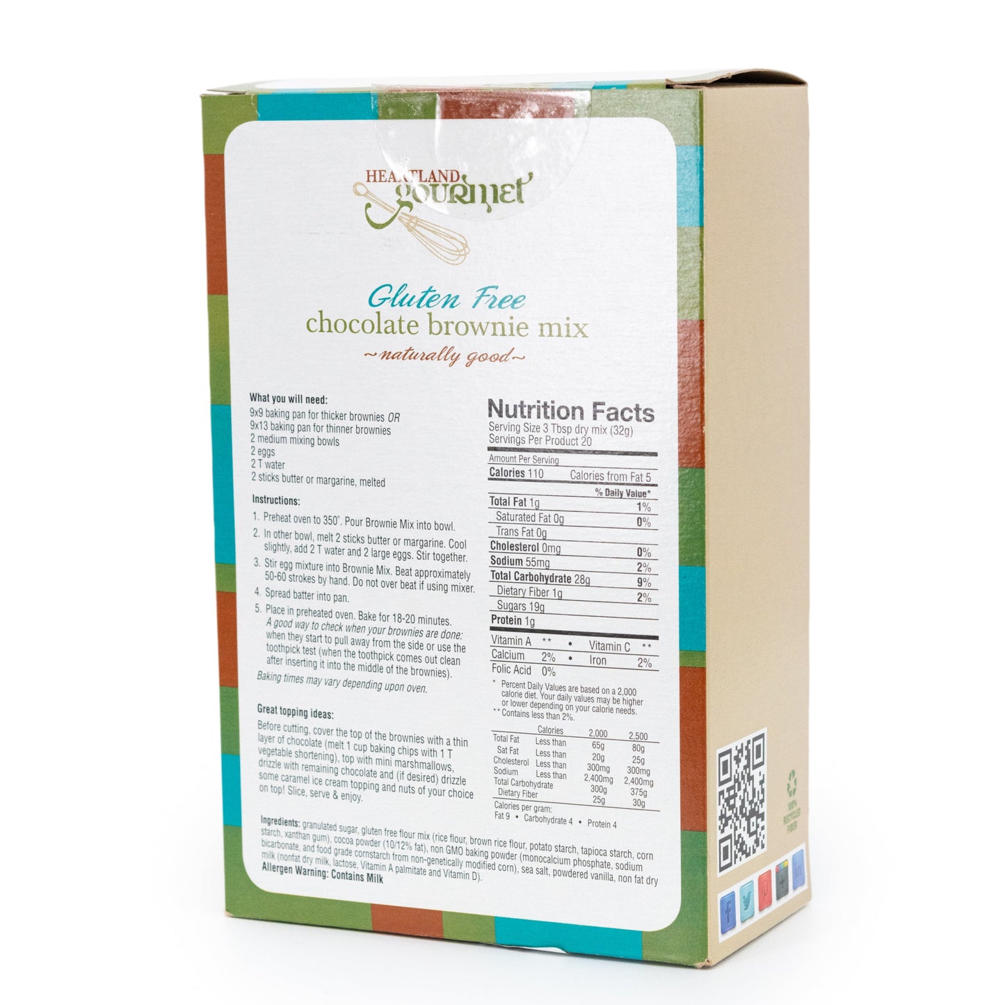 Gluten-free chocolate brownie mix in a 19.68 oz package by Heartland Gourmet, displayed in a food product image.