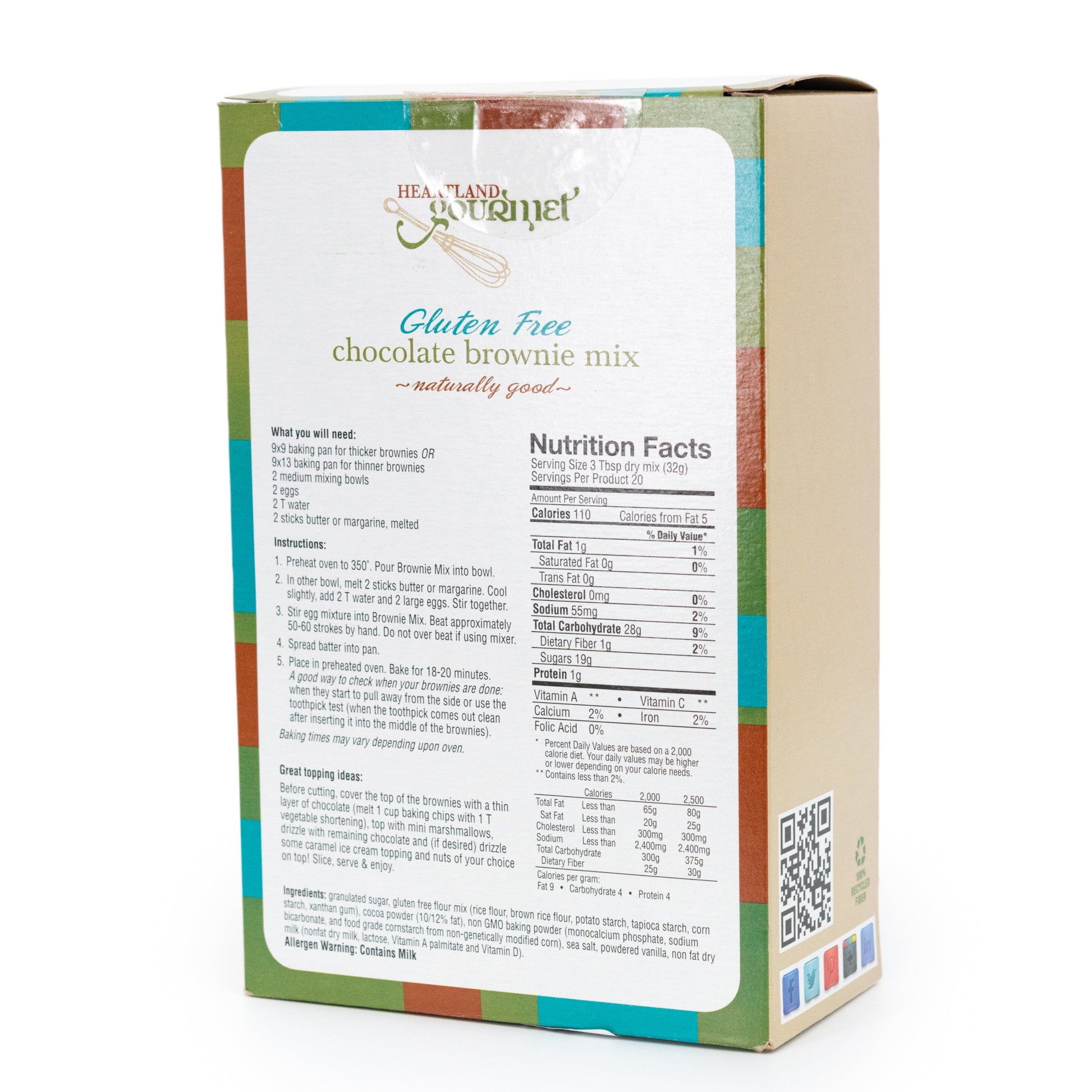 Gluten-free chocolate brownie mix in a 19.68 oz package by Heartland Gourmet, displayed in a food product image.