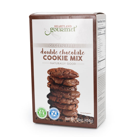 Gluten-free double chocolate cookie mix by Heartland Gourmet, 16 oz, with chocolate chunks and baking instructions visible.