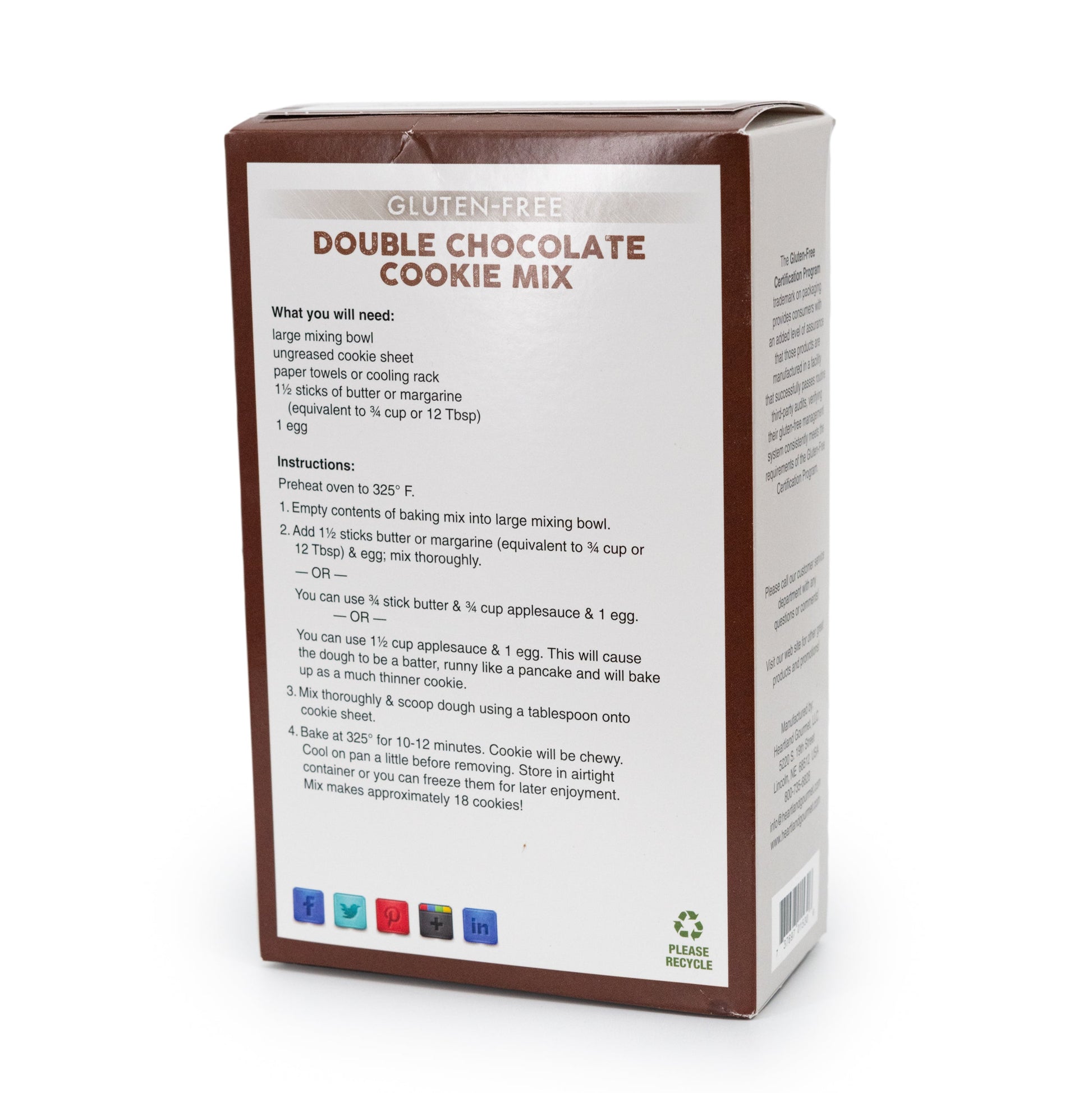 Gluten-free double chocolate cookie mix by Heartland Gourmet, 16 oz, with chocolate chunks and baking ingredients.