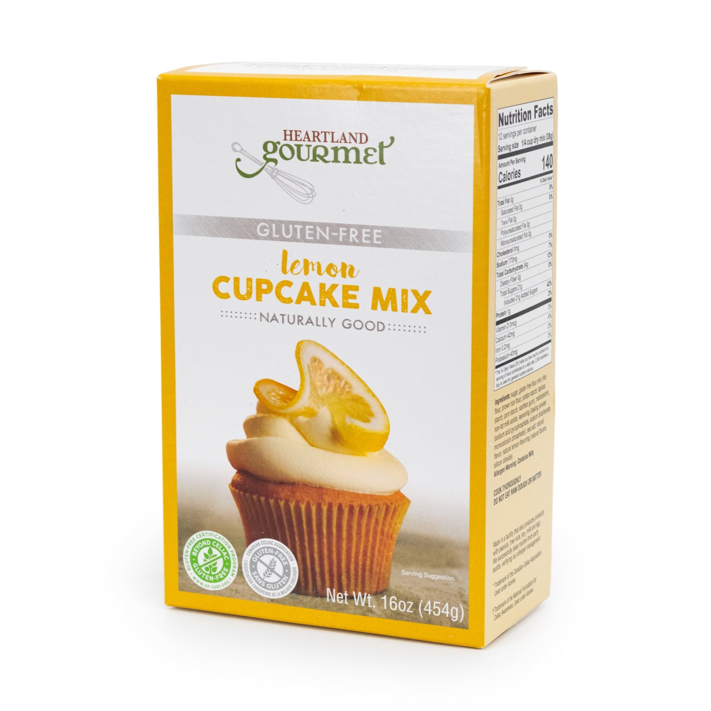 Gluten-free lemon cupcake mix in a 16 oz package from Heartland Gourmet, ideal for baking tasty lemon-flavored cupcakes.