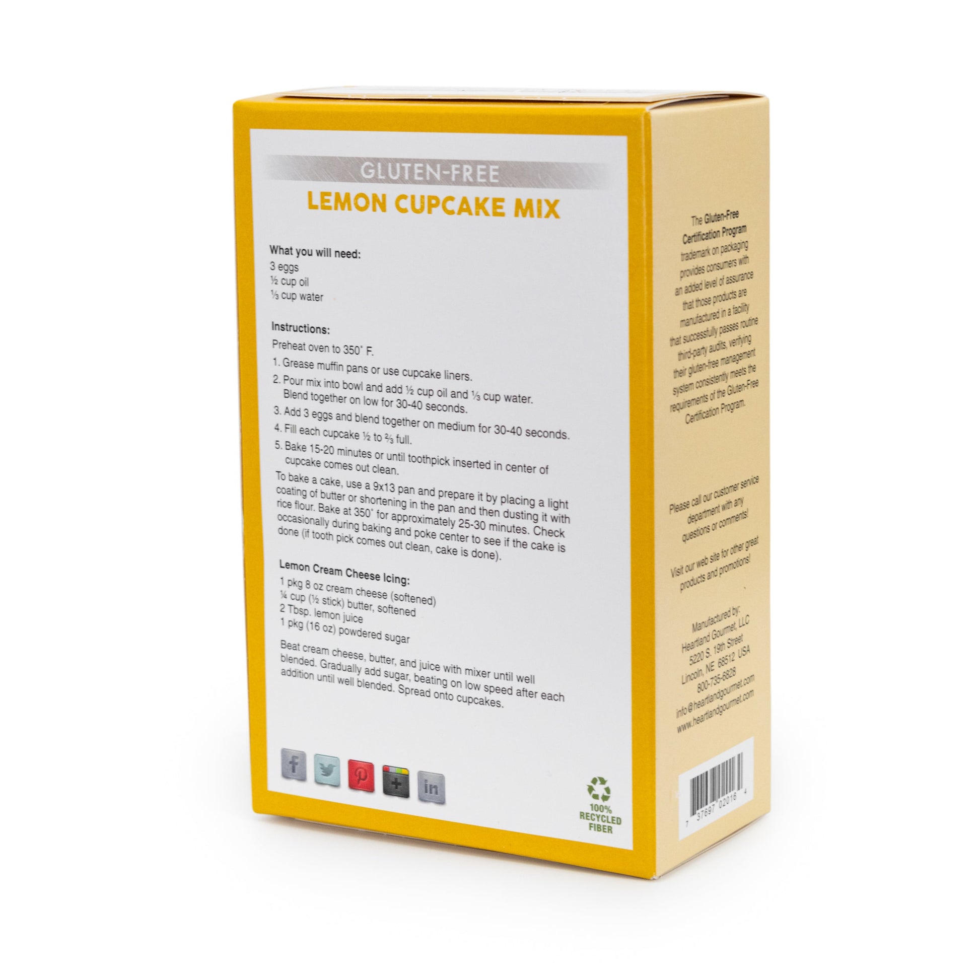 Gluten-free lemon cupcake mix by Heartland Gourmet in a 16 oz package, ideal for baking fresh lemon-flavored cupcakes.