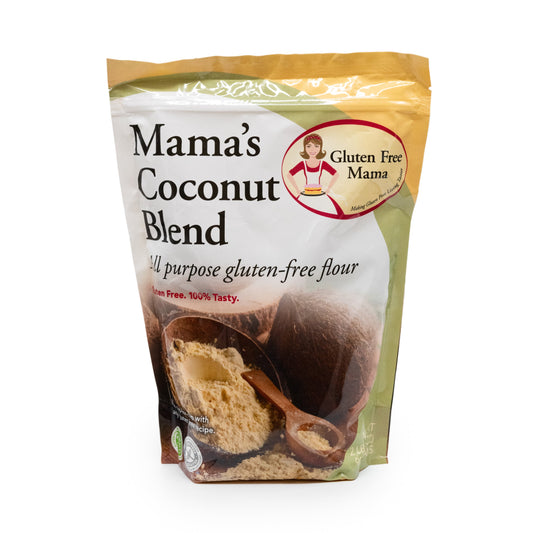 Gluten free coconut flour in a 2 lb bag from Gluten Free Mama, shown in a close-up with a natural background.