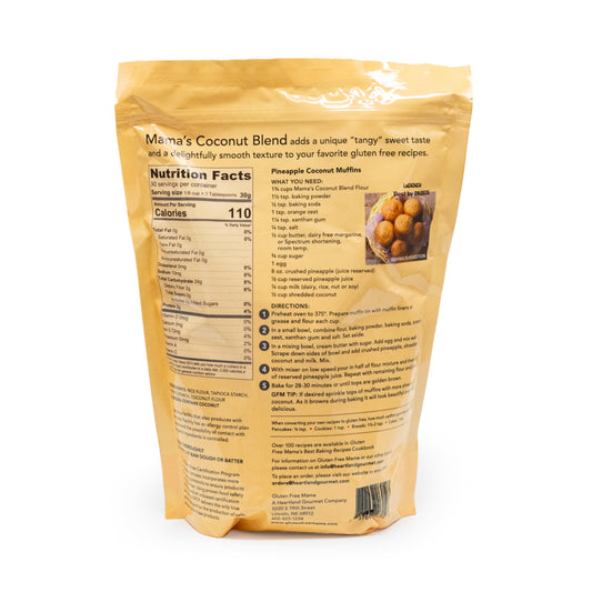 Gluten free Coconut Flour in 2 lb bag by Gluten Free Mama, shown in a clear resealable package on a kitchen countertop.