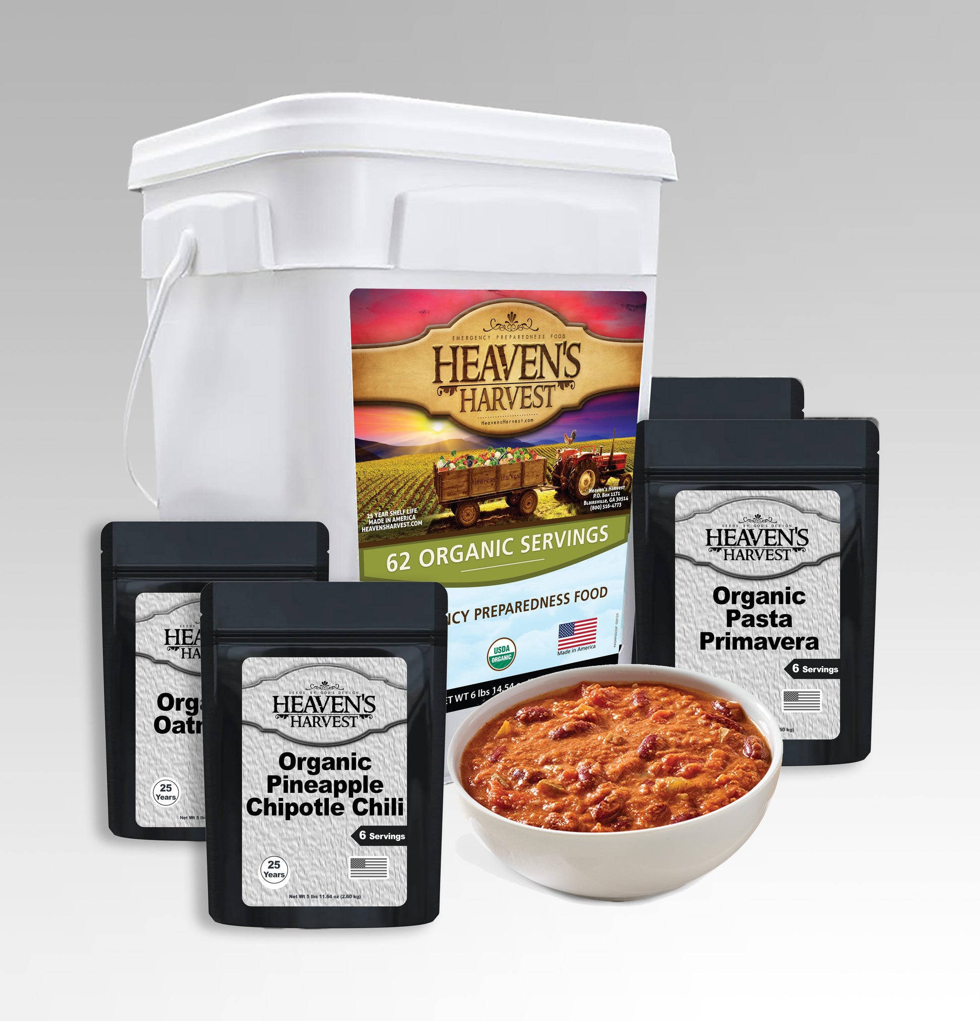 High-resolution image of Heaven's Harvest organic meal bucket with 62 servings, featuring individual survival food packets for one person.