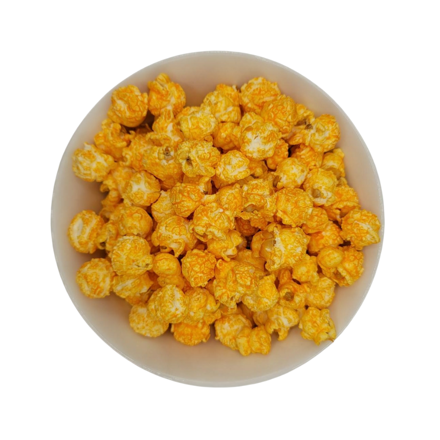 Bacon cheddar popcorn in a 3.5 oz bag from HR Poppin' Snacks, featuring crispy bacon pieces and melted cheddar cheese.