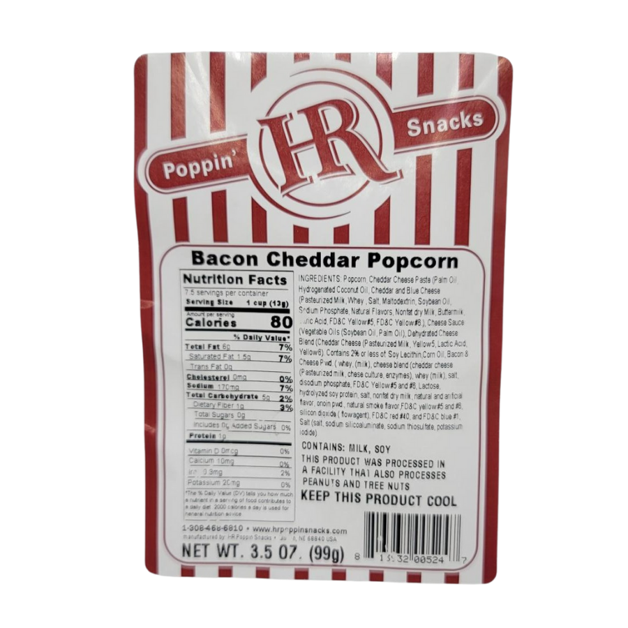 Bacon cheddar popcorn in a 3.5 oz bag from HR Poppin' Snacks, featuring crispy bacon pieces and melted cheddar cheese.