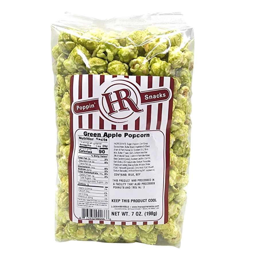 Green Apple flavored popcorn in a 7 oz bag from HR Poppin' Snacks, featuring bright green popcorn with apple flavoring.
