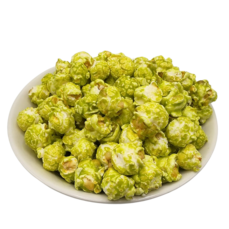 Green apple flavored popcorn in a 7 oz bag from HR Poppin' Snacks, featuring bright green popcorn pieces with apple flavor.