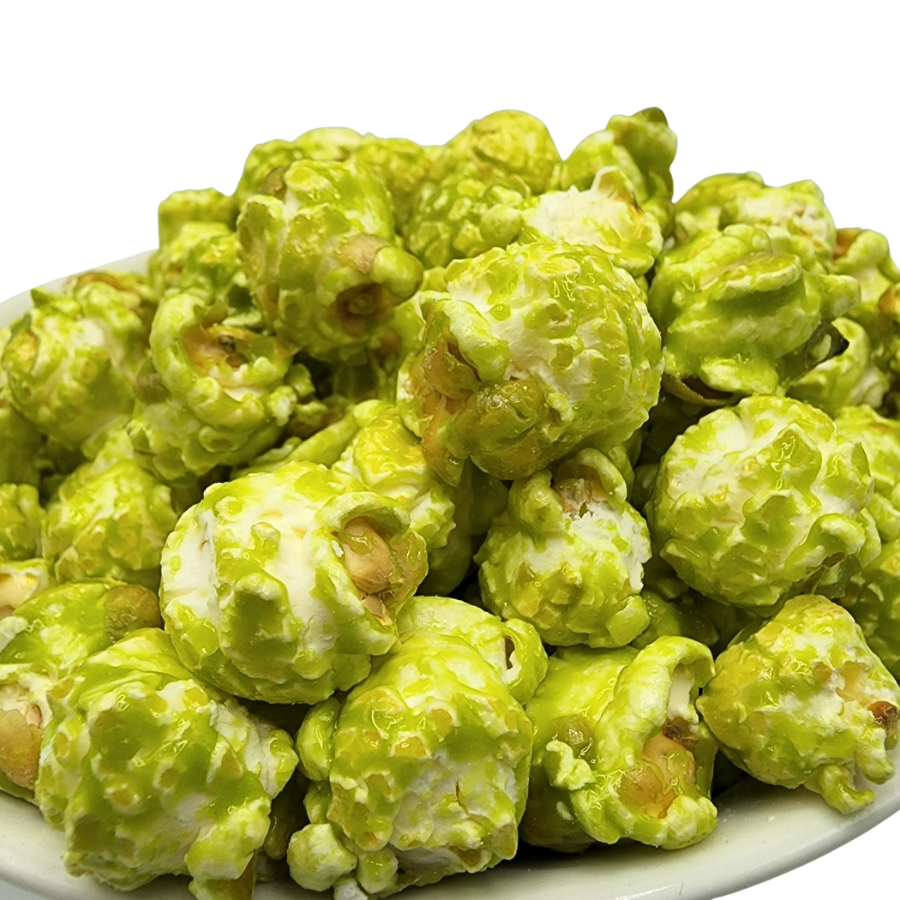 Green apple flavored popcorn in a 7 oz bag from HR Poppin' Snacks, displayed in a colorful package.