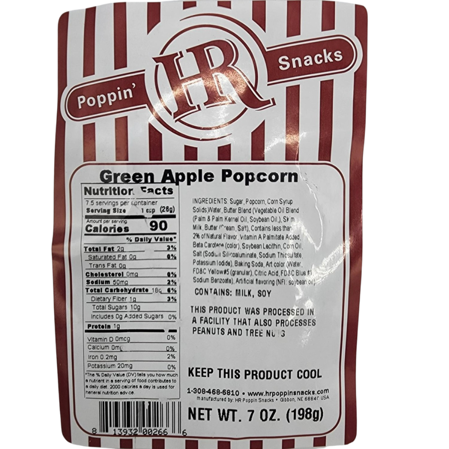 Green Apple flavored popcorn in a 7 oz bag from HR Poppin' Snacks, featuring vibrant green apple pieces and crispy popcorn.