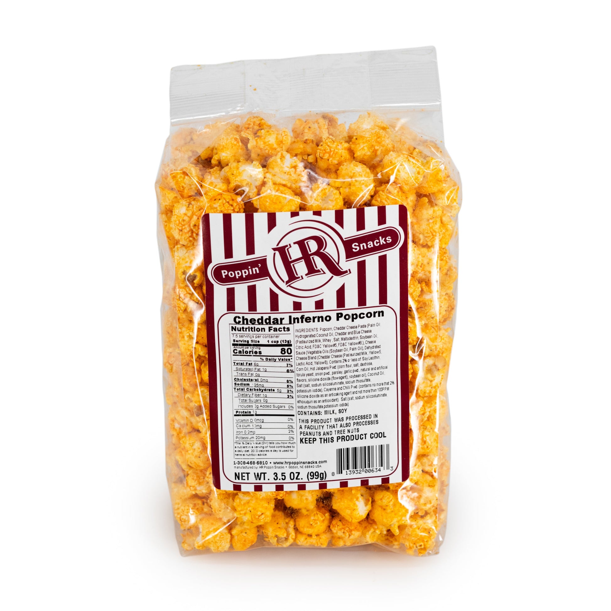 Spicy Cheddar Inferno popcorn in a 3.5 oz bag from HR Poppin' Snacks, featuring vibrant orange popcorn kernels.