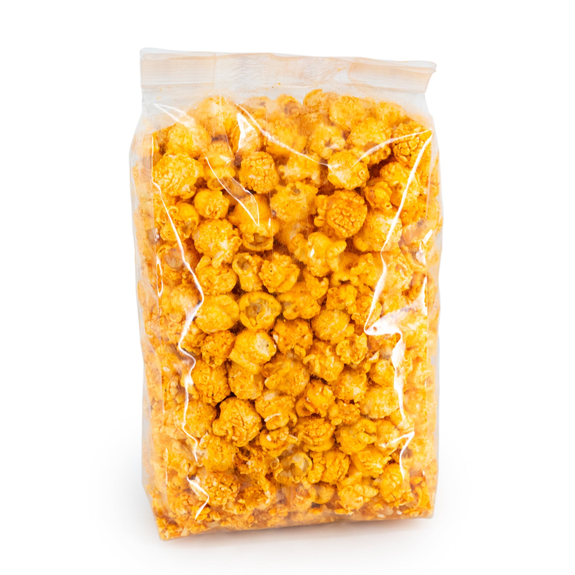 Cheddar Inferno popcorn by HR Poppin' Snacks, 3.5 oz bag showing spicy cheddar cheese coated popcorn.