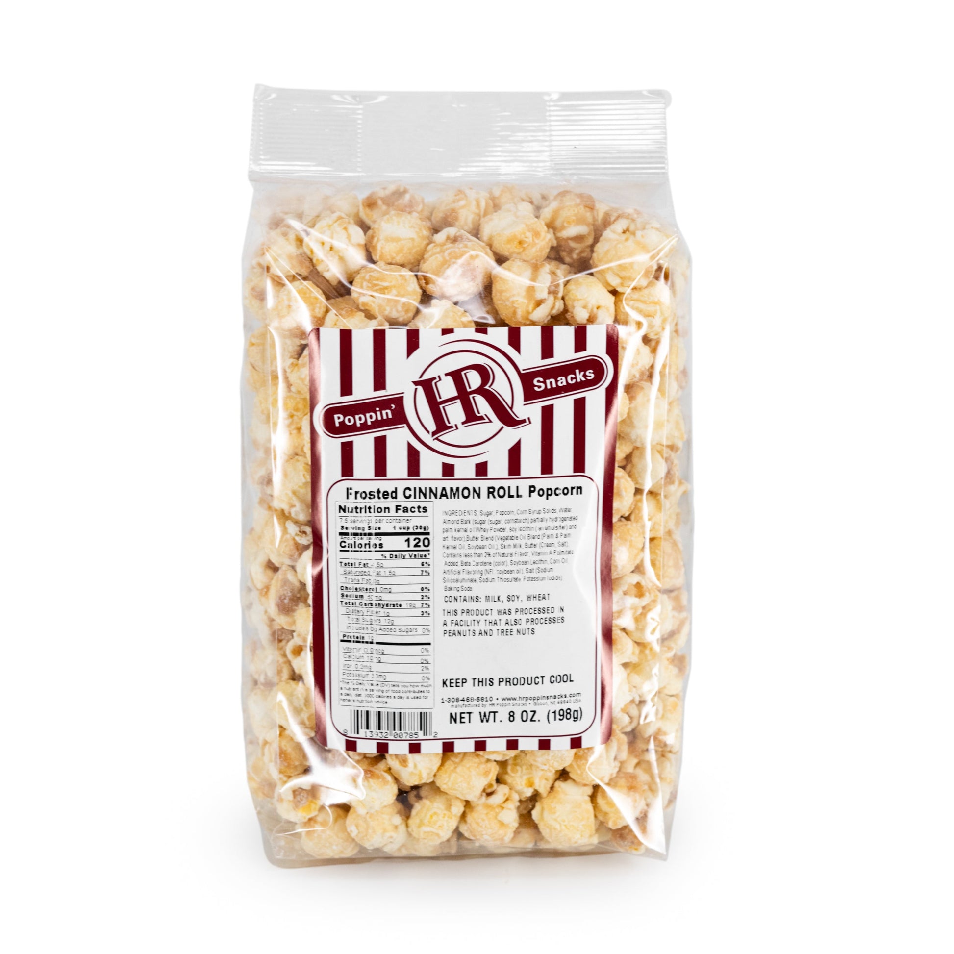 Frosted cinnamon roll popcorn in an 8 oz bag from HR Poppin' Snacks, featuring sweet, cinnamon-flavored coated popcorn.