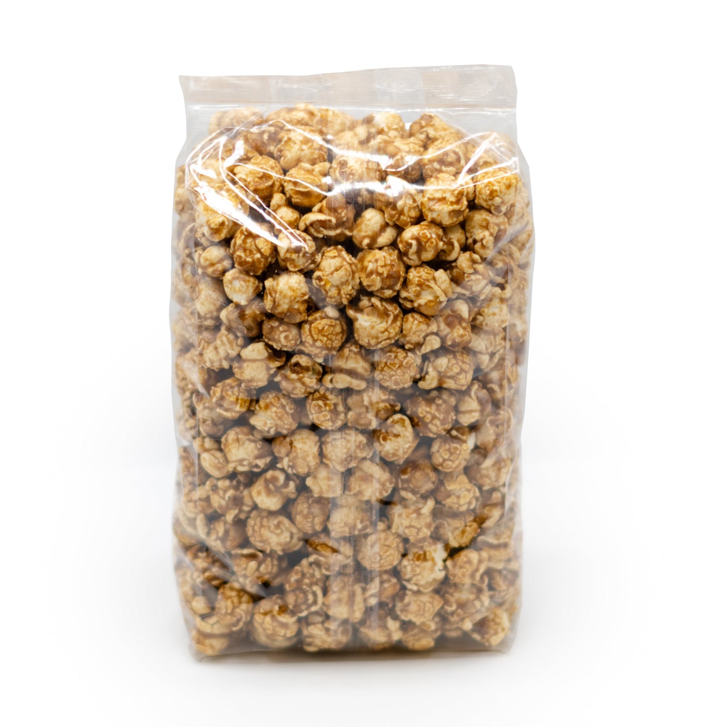 Sweet caramel popcorn in an 8 oz bag from HR Poppin' Snacks, featuring golden, crunchy popcorn coated with rich caramel.