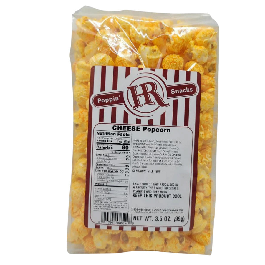 Cheese popcorn in a 3.5 oz bag from HR Poppin' Snacks, featuring golden cheese-coated popcorn pieces.