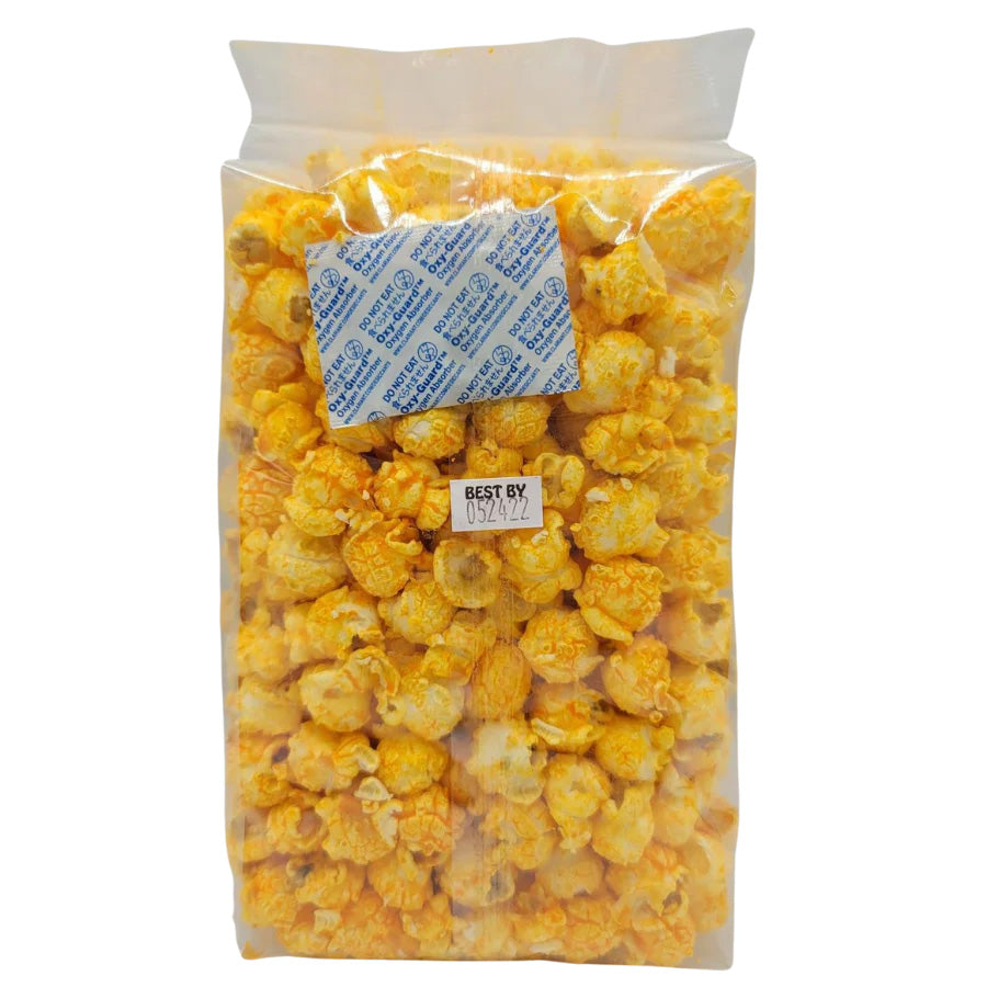 Cheese popcorn in a 3.5 oz bag from HR Poppin' Snacks, featuring golden cheese-coated puffed popcorn.