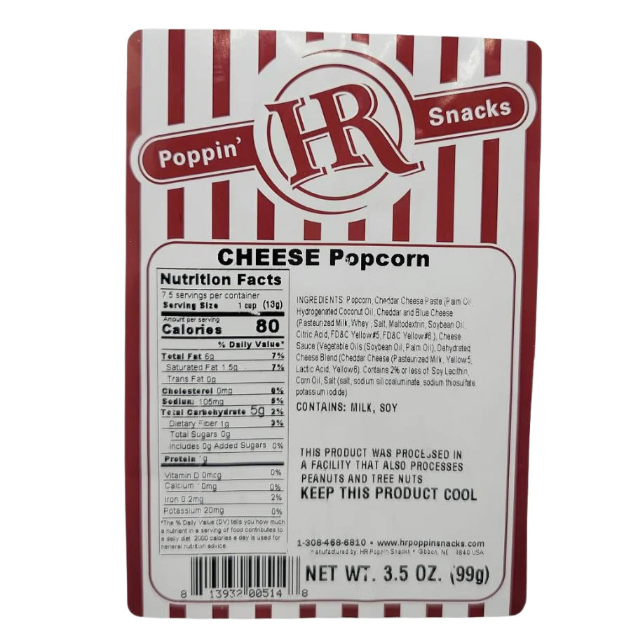 Cheese popcorn in a 3.5 oz bag from HR Poppin' Snacks, featuring flavorful, cheesy coated popcorn.