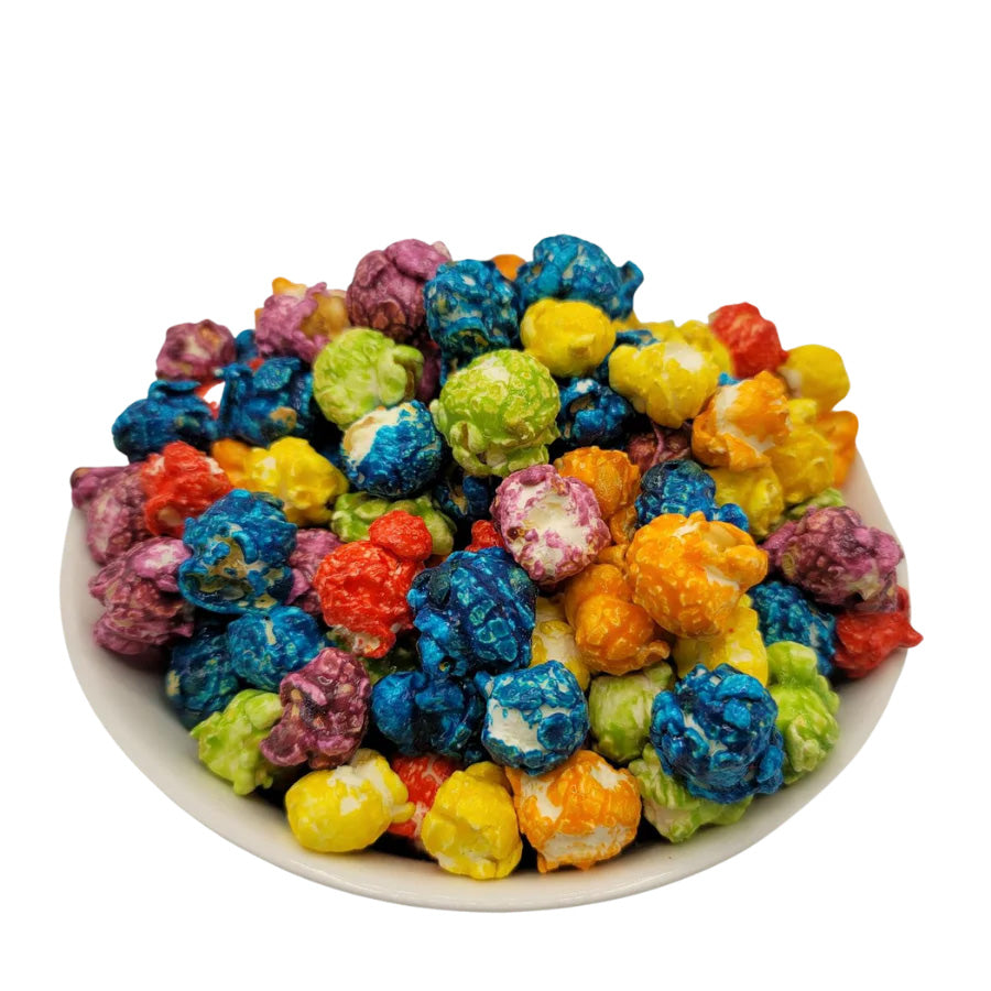 Colorful rainbow popcorn from HR Poppin' Snacks with 84 servings, vibrant and delicious snack food in a bright, eye-catching presentation.