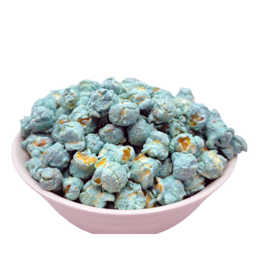 Blue marshmallow flavored popcorn in a 7 oz bag by HR Poppin' Snacks, a sweet and colorful snack from BuyNebraska.com