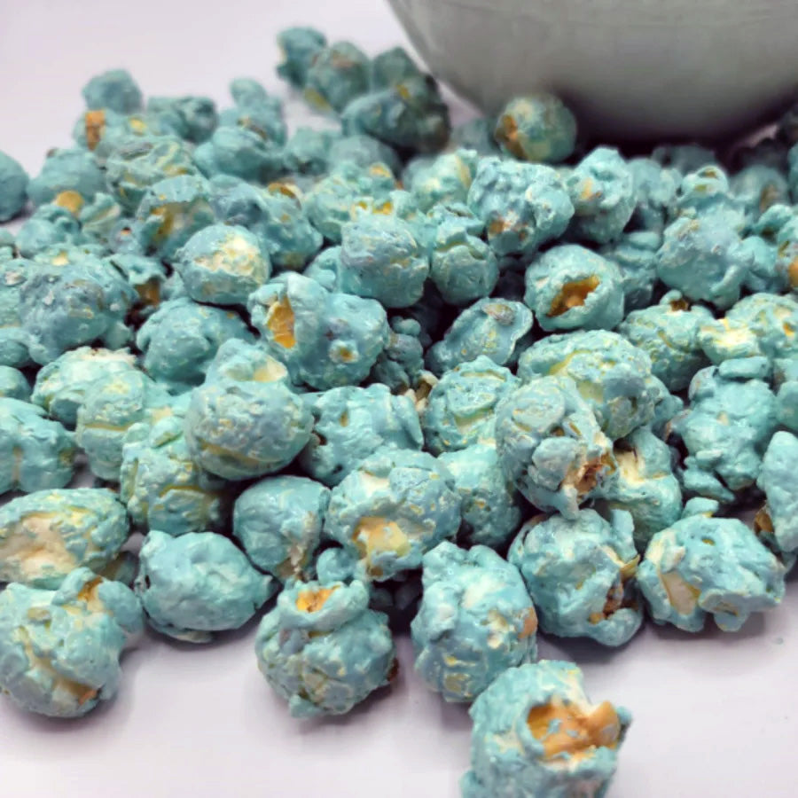 Blue marshmallow flavored popcorn by HR Poppin' Snacks, 7 oz bag, colorful coated popcorn for a sweet snack