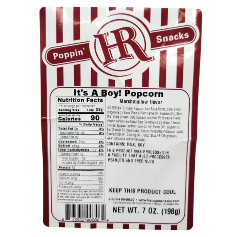 Blue marshmallow flavored popcorn in a 7 oz bag from HR Poppin' Snacks, featuring colorful marshmallow pieces and popcorn.