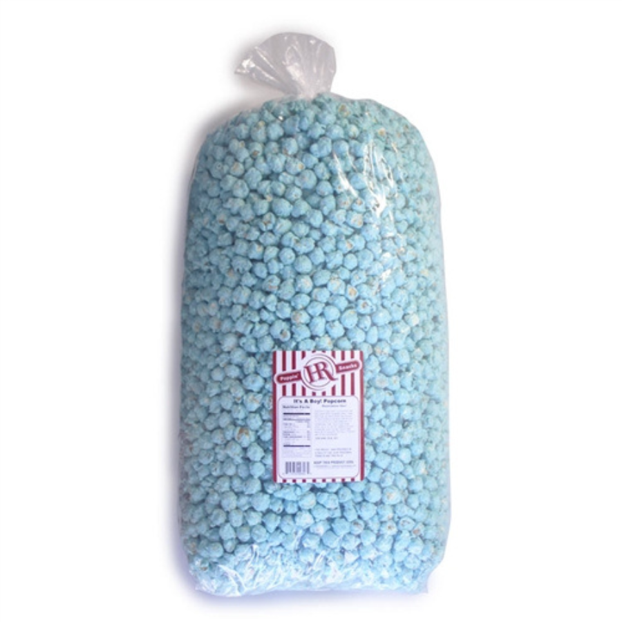 Blue marshmallow flavored popcorn from HR Poppin' Snacks with It's A Boy theme, 84 servings of sweet, colorful snack food.