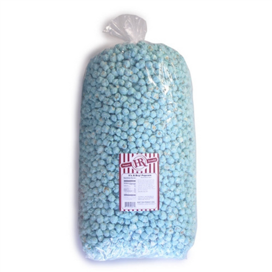 Blue marshmallow flavored popcorn from HR Poppin' Snacks, featuring 84 servings of colorful, sweet snack food in a vibrant image.